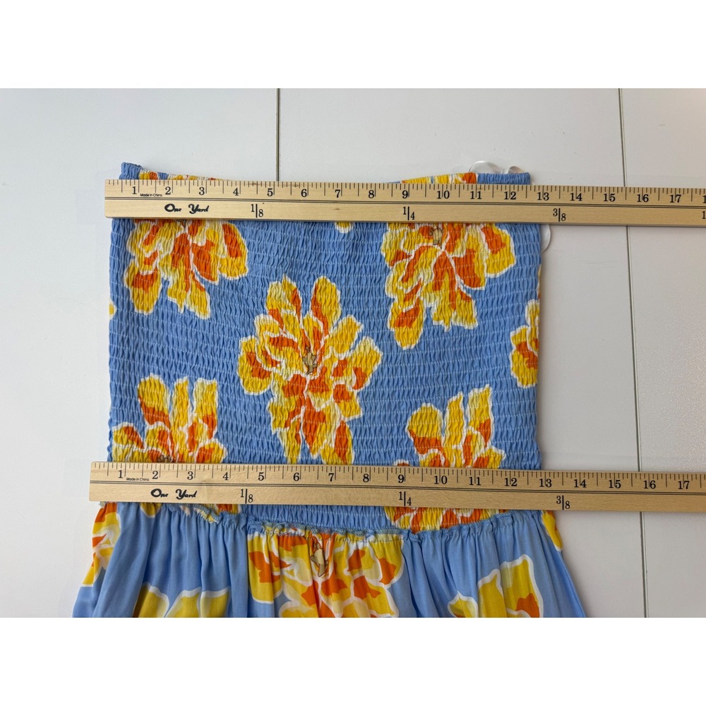 Abel The Label Maxi Dress Womens L Blue Orange Floral‎ Smocked Tiered Strapless - Picture 7 of 8